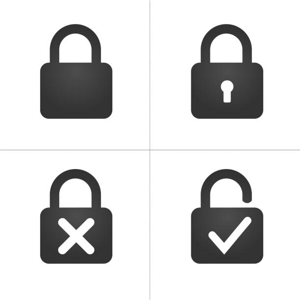 zablokuj ikony z krzyżem dziurki od klucza i znacznikiem wyboru, ilustracja wektorowa odizolowana na białym tle. - safe safety combination lock variation stock illustrations