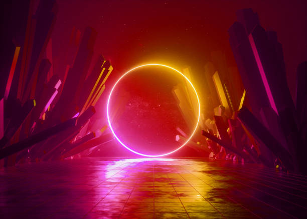 istock 3d render, abstract background, cosmic landscape, round portal frame, red neon light, virtual reality, energy, glowing fire ring, dark space, infrared spectrum, laser triangle, rocks, ground 1090132034
