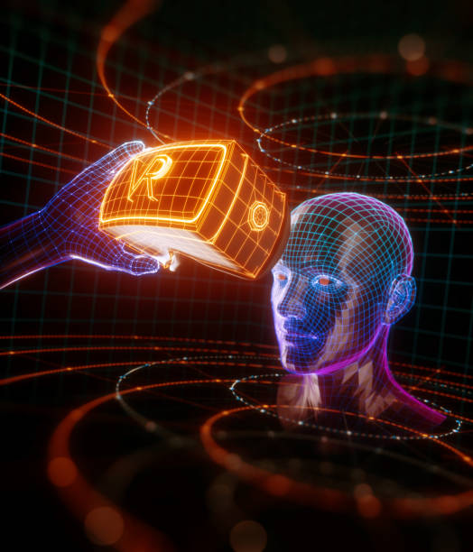 istock 3D render of virtual man holding virtual reality glasses surrounded by virtual data with neon orange lines and dots. Player begins the VR game. VR experience. View with depth of field. 1090132122