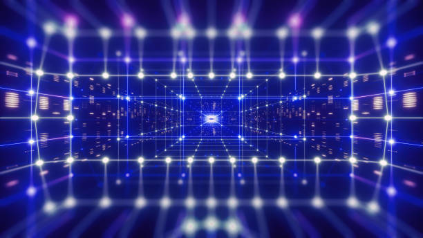 istock 3d render, colorful neon virtual reality tunnel, abstract geometric background. Virtual data with neon blue lines and dots. Player begins the VR game. VR experience. View with depth of field. 1090132132