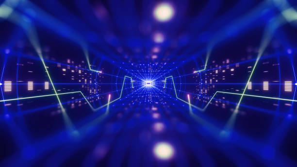 istock 3d render, colorful neon virtual reality tunnel, abstract geometric background. Virtual data with neon blue lines and dots. Player begins the VR game. VR experience. View with depth of field. 1090132168