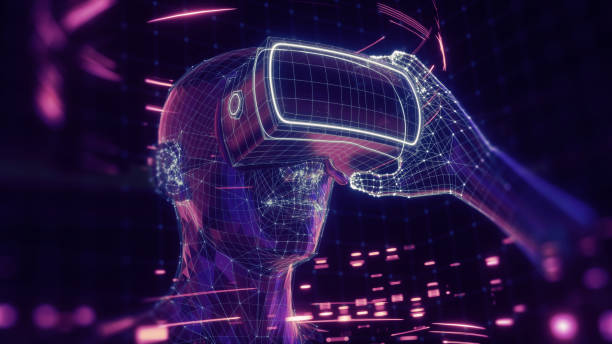 istock 3D render of virtual man holding virtual reality glasses surrounded by virtual data with neon ultraviolet lines. Player begins the VR game. VR experience. 1090132258