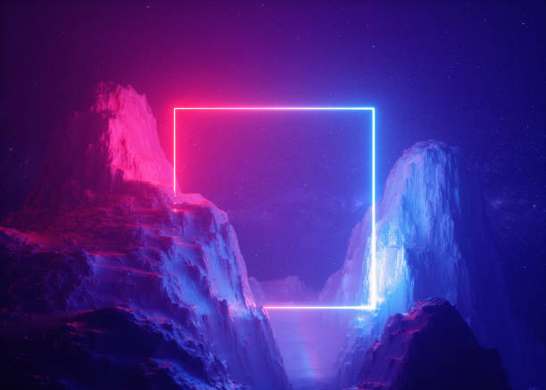 istock 3d render, abstract background, cosmic landscape, square portal, pink blue neon light, virtual reality, energy source, glowing quad, dark space, ultraviolet spectrum, laser frame, smoke, fog, rocks 1090132262