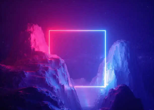 Photo of 3d render, abstract background, cosmic landscape, square portal, pink blue neon light, virtual reality, energy source, glowing quad, dark space, ultraviolet spectrum, laser frame, smoke, fog, rocks