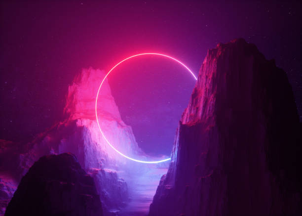 istock 3d render, abstract background, cosmic landscape, round portal, pink blue neon light, virtual reality, energy source, glowing round frame, dark space, ultraviolet spectrum, laser ring, rocks, ground 1090132270