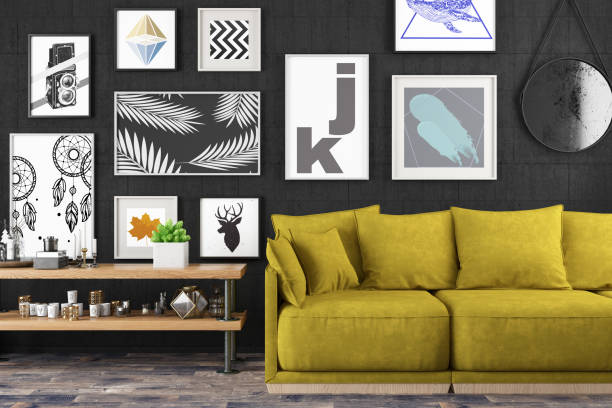 interior with sofa and frames - parede ilustrações imagens e fotografias de stock