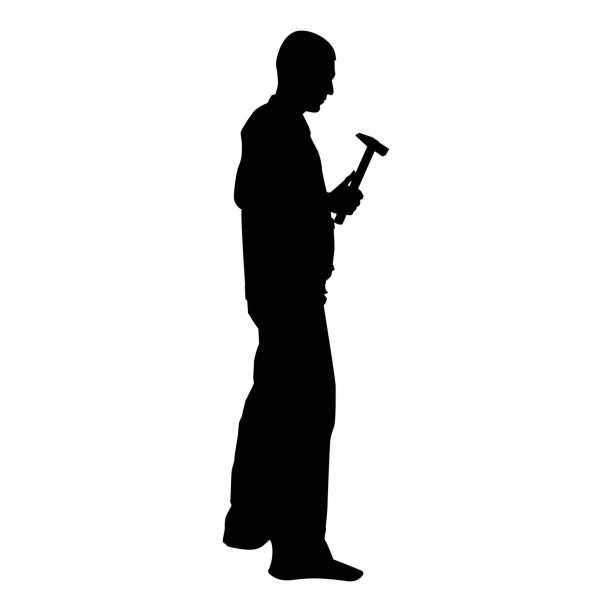 istock Repairman master man in overalls with tool in his hands hammer icon black color vector illustration flat style image 1090136508