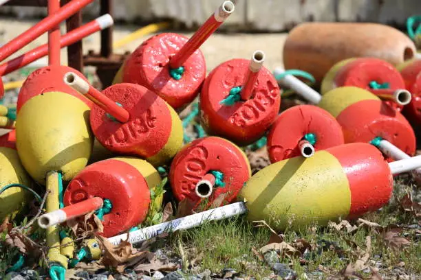Getting ready for crabbing season on the Chesapeake Bay.  Crabpot buoys painted with bright colors to start off the new season.
