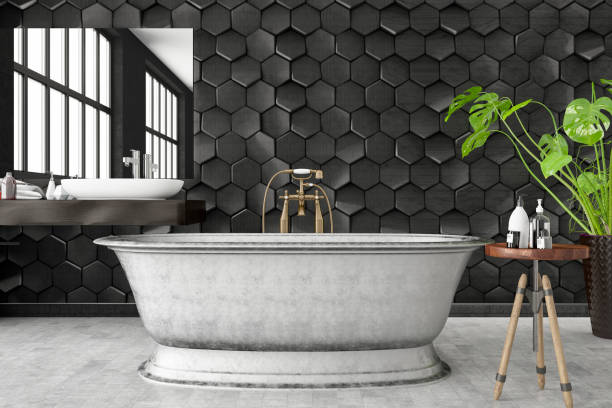 istock Modern Bathroom with Black Wall Tiles 1090137582