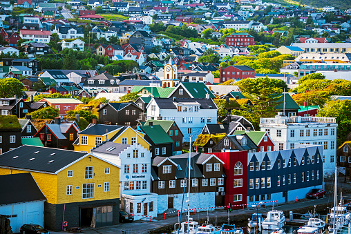Torshavn, Faroe - 2013 July 11, 2018  Vestaravag bay and Torshavn old quarters with quayside buildings, Faroese island of Streymoy