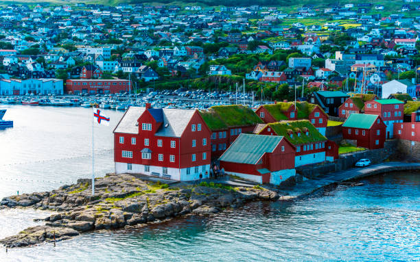 Vestaravag bay and Torshavn old quarters cityscape, Faroese island of Streymoy