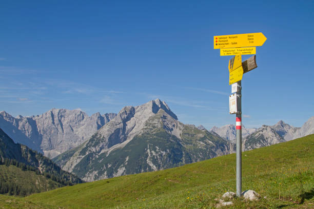 hiking signpost on Plumsjoch with overlooking the Karwendel mountains