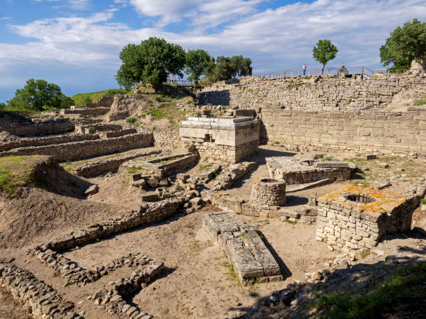 Ruins of ancient Troia city, Canakkale (Dardanelles) / Turkey Canakkale, Turkey- May 06, 2017- Ruins of ancient legendary city of Troy in Canakkale Province, Turkey troia stock pictures, royalty-free photos & images