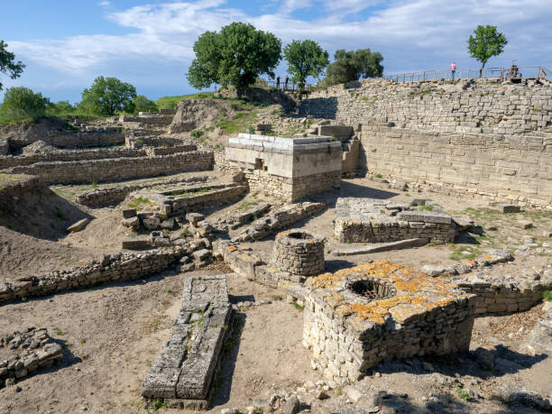 Ruins of ancient Troia city, Canakkale (Dardanelles) / Turkey Canakkale, Turkey- May 06, 2017- Ruins of ancient legendary city of Troy in Canakkale Province, Turkey troia stock pictures, royalty-free photos & images
