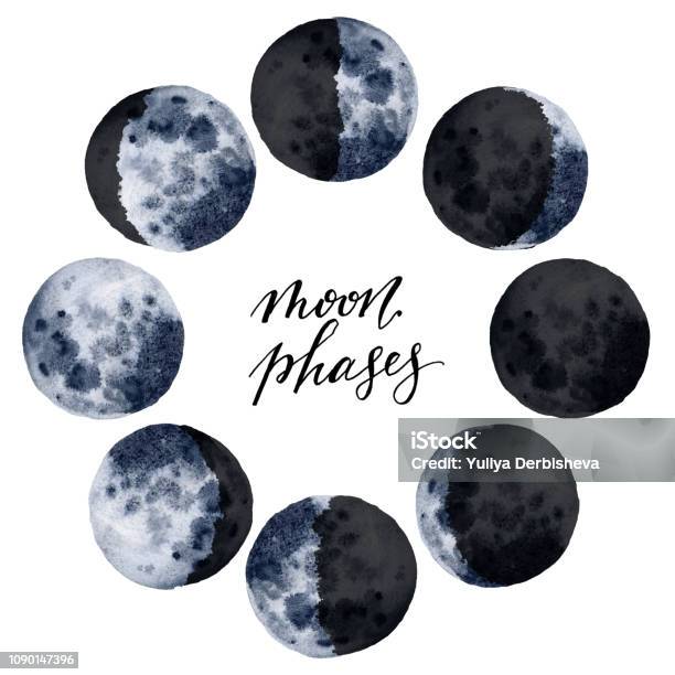 Watercolor Various Moon Phases Isolated On White Background Hand Drawn Modern Space Design For Print Card Stock Illustration - Download Image Now