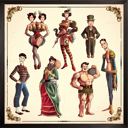 Circus show characters, in retro style. Eps8