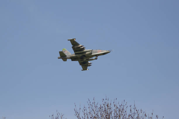 Krasnodar region, Russia- April  12,2018: The Sukhoi Su-25 Grach (NATO reporting name: Frogfoot) is a single-seat, twin-engine jet aircraft developed in the Soviet Union by Sukhoi.