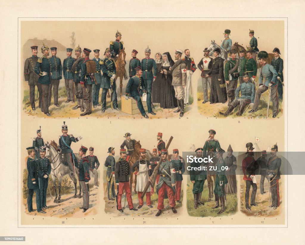 Ambulance troops of European nations, chromolithograph, published in 1897 Ambulance troops of European nations at the end of the 19th century: I) German Empire: 1-2) Prussian military doctors in small and large suit; 3) Prussian pharmacist (small suit); 4) Prussian orderly (complete suit); 5) Prussian First medical assistant (battlefield); 6) Prussian orderly (battlefield); 7-8) Doctors of the Imperial Navy (smal and large uniform); 9) Saxon military doctor (large suit); 10) Saxon orderly (complete suit); 11) Bavarian military doctor (in tunic and cap); 12) Sergeant of the Bavarian medical company (ordonnance suit); 13) Protestant deaconess; 14) Catholic nun; 15) Member of voluntary nursing in the war; 16) Knights Hospitaller in habit. II) Austria-Hungary: 1) Official of the Society of the Red Cross (large uniform); 2) Military chaplain; 3) General Staff doctor (gala uniform); 4) Pharmacist; 5-6) Soldier (battlefield) and officer (parade) of the medical corps; 7-8) Military doctors in small and large uniform; 9) Doctor of the Hungarian Territorial Force; 10) Navy doctor. III) Italy: 1) Doctor of the territorial force; 2) Navy doctor (small uniform); 3) Pharmacist (complete suit); 4) Military doctor (parade); 5) Corporal of the medical corp; 6) Pupils of the medical and application school in Florence. IV) France: 1) Navy doctor (gala uniform); 2) Pharmacist; 3) General Inspector of the medical service (parade); 4) Military doctor (hospital suit); 5) Military doctor (battlefield); 6) Pupil of the military medical educational institution; 7-8) Orderlies (Infirmiers, battlefield and complete uniform). V) Russia: 1) Orderly of the infantry (uniform of the corresponding regiments with armband); 2-3) Military doctors; 4) Greek (Russian) Catholic nun. VI) Great Britain: 1) Military doctor; 2-3) Hospital corps. Chromolithograph, published in 1897. Paramedic stock illustration