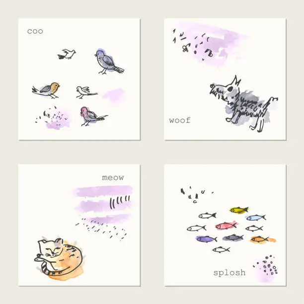 Vector illustration of Set of hand drawn ink and watercolor cards with animals drawings.