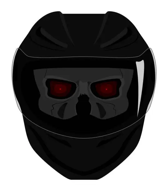 Vector illustration of Human skull with ruby eyes in black full face motorcycle helmet with visor face view isolated on white vector illustration