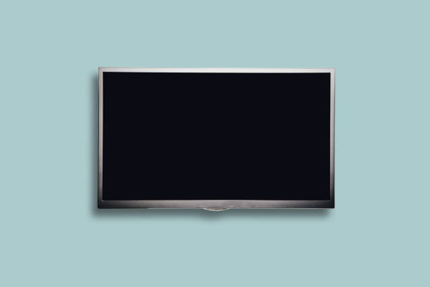 istock Isolated on a blue pastel background gray TV with a blank screen. 1090182644