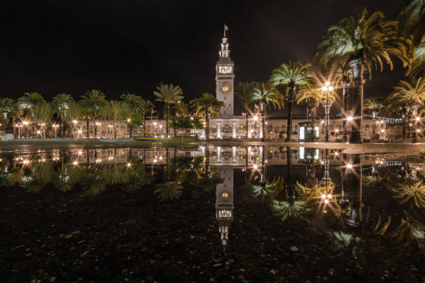 nacht-reflexion der ferry building und palmen in san francisco. - puddle rain boot water stock-fotos und bilder