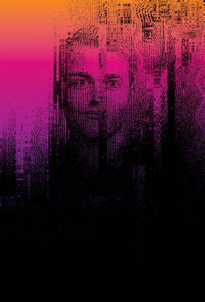 Portrait of male cyborg with glitch technique Vector Technology Portrait of male cyborg with glitch technique distorted face stock illustrations