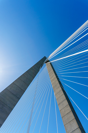 Close up of the Ravenel suspension bridge detail against bright blue sky in Charleston, South Carolina, USA