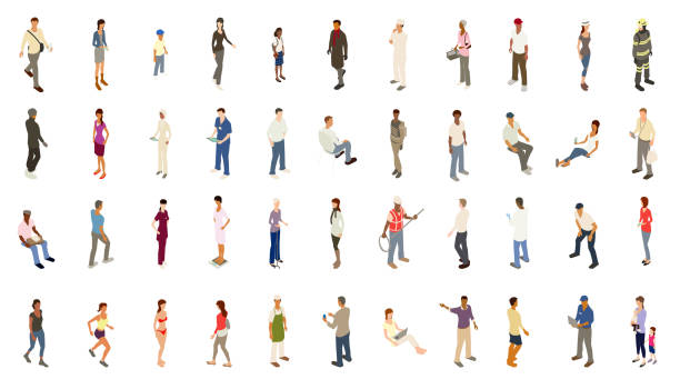 isometrische menschen kräftigen farben - sitting men white background people stock-grafiken, -clipart, -cartoons und -symbole