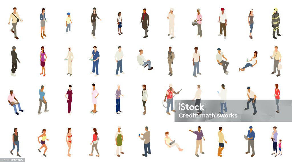 Isometric people bold color Isometric people illustrations include men, women, and children dressed for work and recreation. People walk, stand, sit, and perform a variety of activities. Use for architectural renderings, infographics, and illustrations. EPS vector and JPEG included. Flat vectors provided in a bold warm color palette. Isometric Projection stock vector