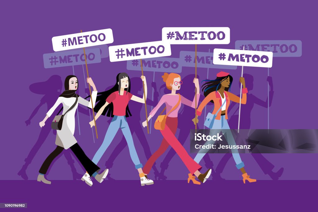 Women in a metoo march Group of women from different ethnic groups march, protesting and displaying metoo banners. Women vindicating their rights. Me Too - Social Movement stock vector