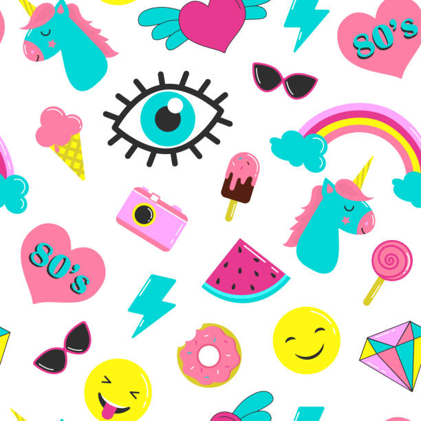 Set of stickers 80's in the style of comics. Seamless pattern Set of stickers 80's in the style of comics. Seamless pattern. Vector illustration on a white background eye candy stock illustrations