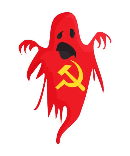 Vector illustration of The specter of communism funny vector illustration. A spectre or a spirit with Hammer and sickle communist sign isolated.