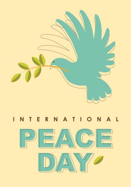 Poster for International Day of Peace. Dove with olive branch in retro style dove earth globe symbols of peace stock illustrations