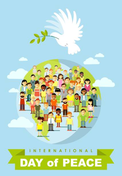 Poster for International Day of Peace. Dove with olive branch and different multi cultural ethnicity people crowd on planet Earth background dove earth globe symbols of peace stock illustrations
