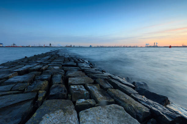 lunatico paesaggio marino lungo il fiume nieuwe waterweg vicino a rotterdam - nieuwe waterweg foto e immagini stock