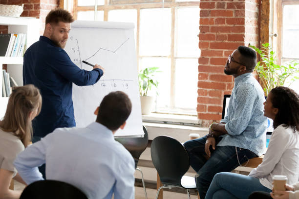 istock Serious executive presenter gives presentation on whiteboard to employees group 1090215692