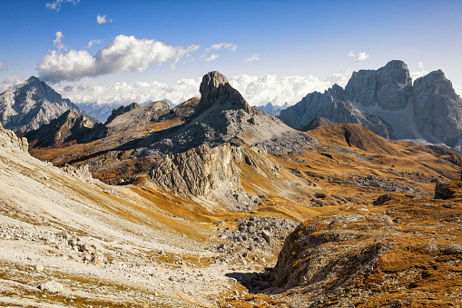 Spectacular mountain scenery on Croda da Lago hiking trail, Dolomite Alps, Italy