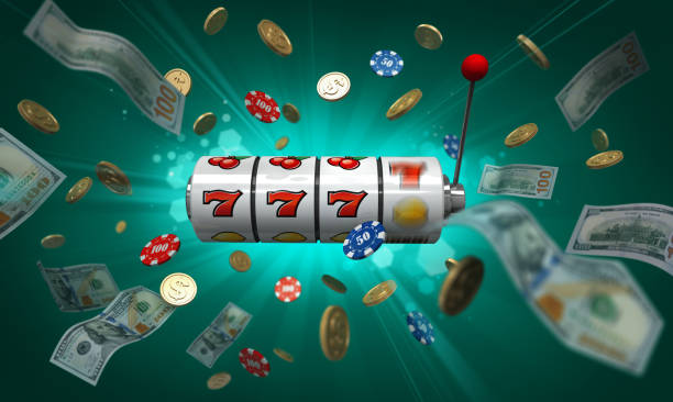 Jackpot! Jackpot poster. Casino slot machine with money and casino chips on green background jackpot photos stock pictures, royalty-free photos & images