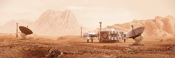 base en Marte, la primera colonización, la Colonia marciana en el desierto paisaje del planeta rojo (3d bandera de la ilustración del espacio) photo