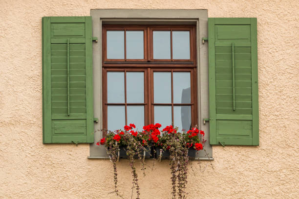 istock Window with green shutters and a flower box with red flowers 1090235334