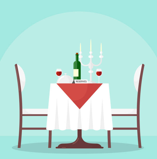 illustrations, cliparts, dessins animés et icônes de illustration vectorielle de table dans le restaurant avec bouteille et verres de vin. table réservée dans un café moderne, avec la nappe et des bougies, des chaises dans un plat style dessin animé. - table reservation