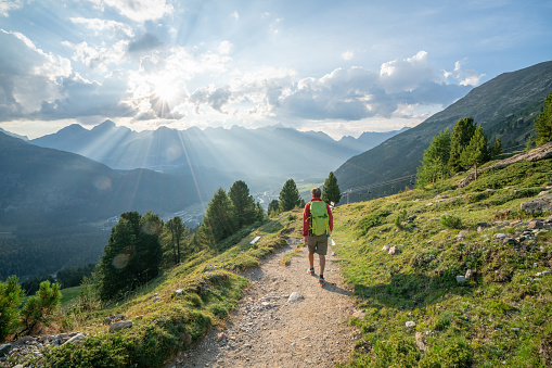 Hiker male hiking down trail in beautiful nature environment in the Swiss alps