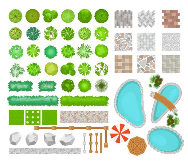 Vector illustration of Vector illustration set of bright colorful parck elements for landscape design. Top view of trees, plants, outdoor furniture, architectural elements, pools and fences. Benches, chairs and tables, umbrellas in flat style.