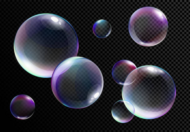 벡터 일러스트 레이 션 무지개 색상으로 현실적인 밝은 비누 거품의 투명 한 검은 배경을 설정합니다. - soap sud bubble clean air stock illustrations