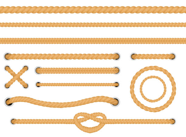 Vector illustration set of realistic seamless treads and twisted rope knots isolated on white background. Decorative elements for retro and vintage design. Vector illustration set of realistic seamless treads and twisted rope knots isolated on white background. Decorative elements for retro and vintage design rope tied knot string knotted wood stock illustrations