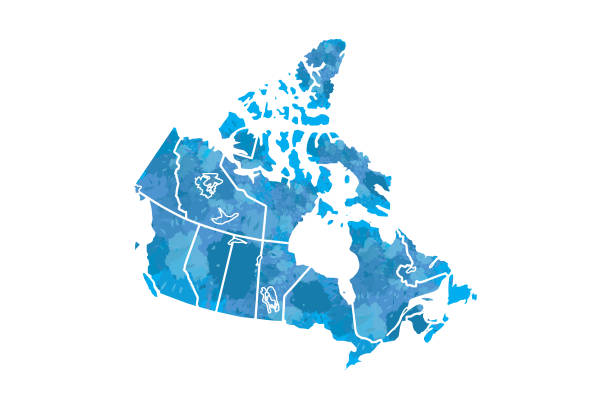 ilustraciones, imágenes clip art, dibujos animados e iconos de stock de ilustración de vector de acuarela mapa de canada en color azul sobre fondo blanco con brocha en la página de papel - canadian province