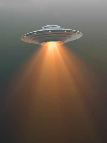 Unidentified flying object with propulsion tail. Your text over the tail of the rocket. 3D illustration.