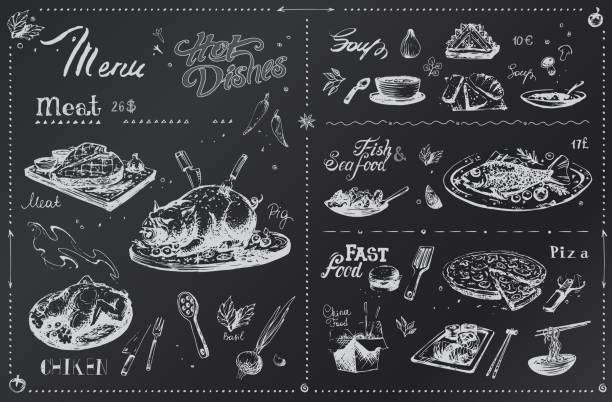 мел ручной обращается блюда для дизайна меню. эскизы мяса, специй, курицы и рыбы, пиццы, суши белые иконы на черной доске. векторный хипстерс� - barbecue meal seafood steak stock illustrations