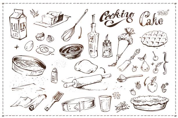 elle çizilmiş mürekkep kroki simgeler mutfak tema - mutfak eşyaları, meyve ve hamur işi ayarla. pişirme kek illüstrasyon. vintage karalamalar menü tasarımı için beyaz arka plan üzerinde izole - pasta illüstrasyonlar stock illustrations